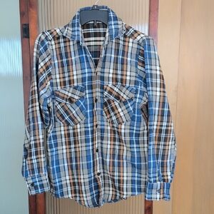 Blue and Brown Plaid Button-Up Shirt